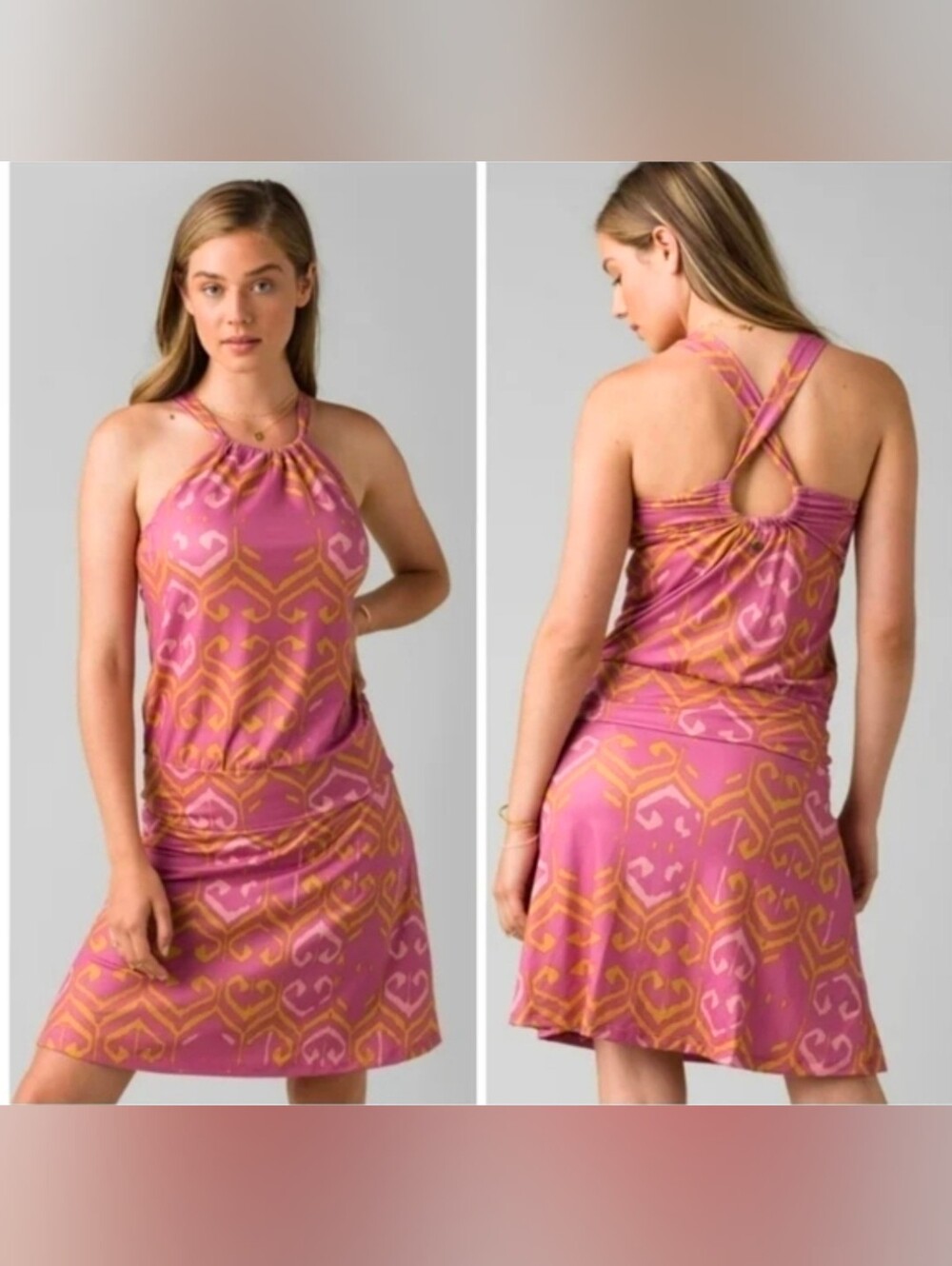 prAna Pink Ikat Halter Mini Dress Built-In Shelf Bra Size Large